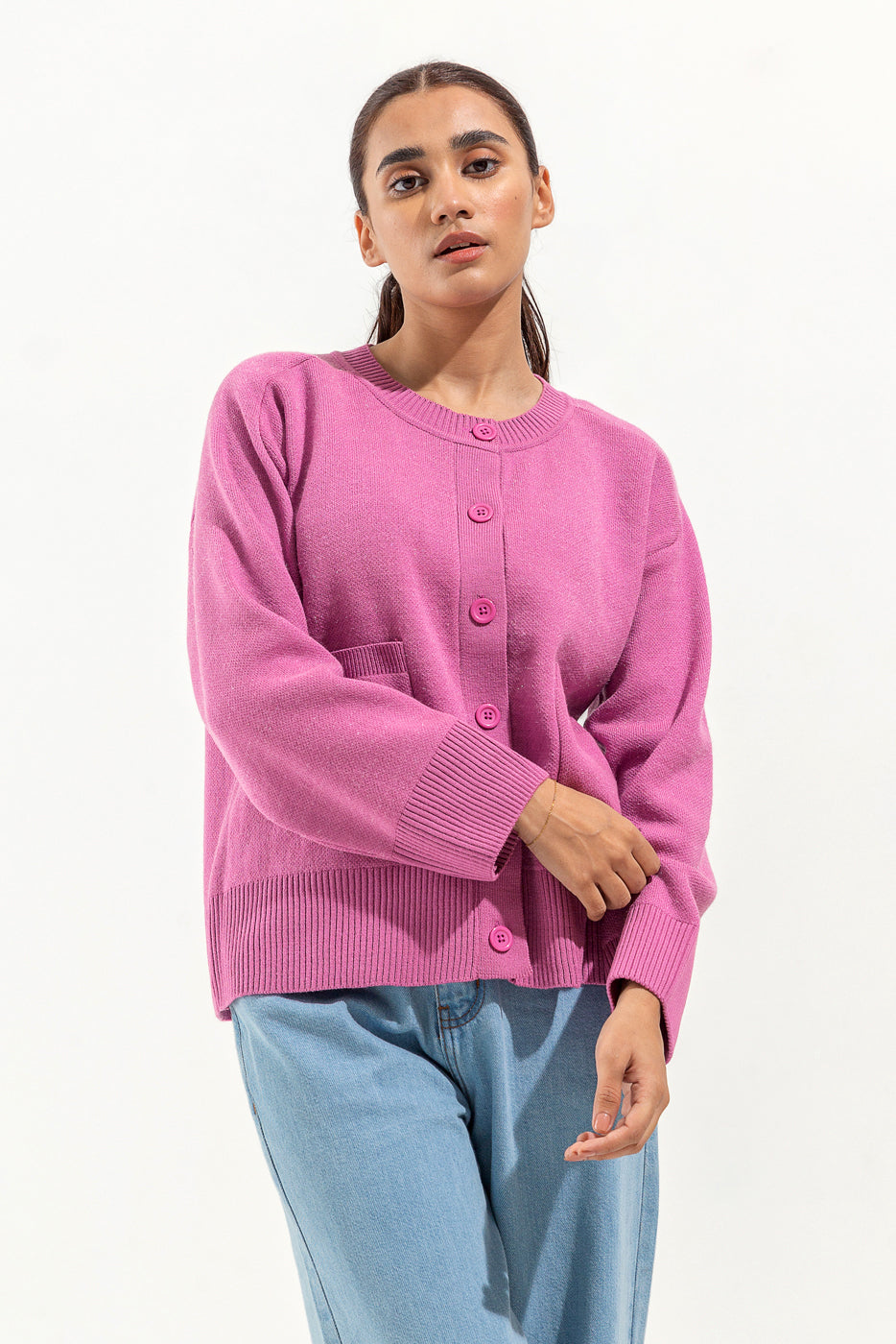KNITTED CREW NECK CARDIGAN