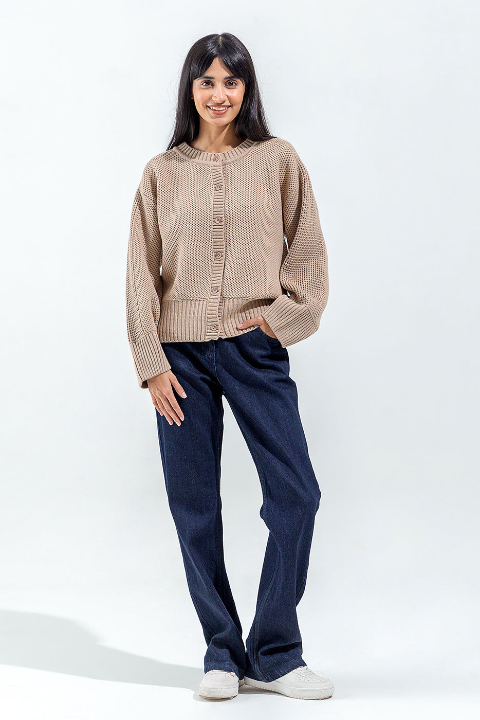 KNITTED CREW NECK CARDIGAN