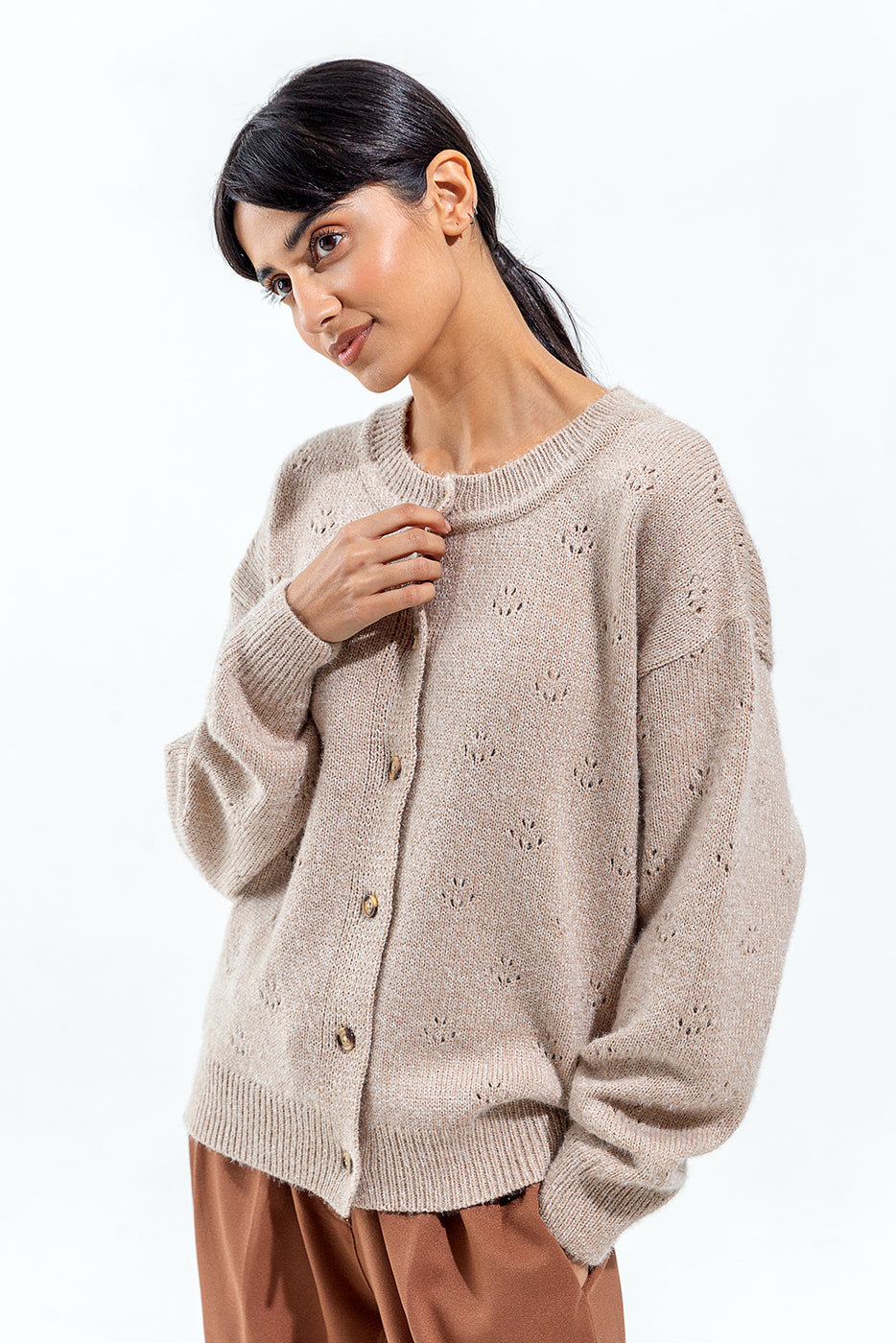 MELANGE CREW NECK CARDIGAN