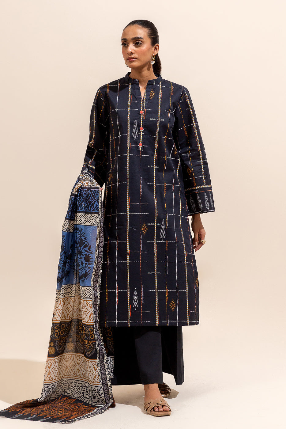 2 PIECE PRINTED LAWN SUIT-NEBULOUS LINES (UNSTITCHED)