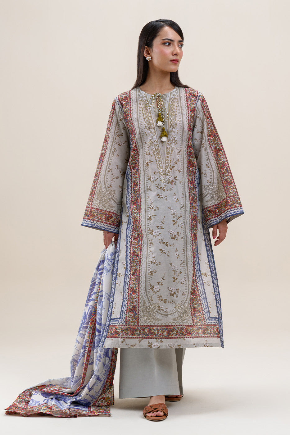 3 PIECE PRINTED LAWN SUIT-SILVER GLEAM (UNSTITCHED)