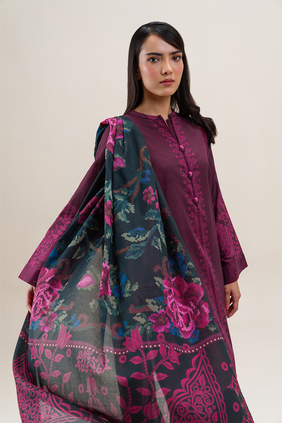 3 PIECE PRINTED LAWN SUIT-MULBERRY BLISS (UNSTITCHED)