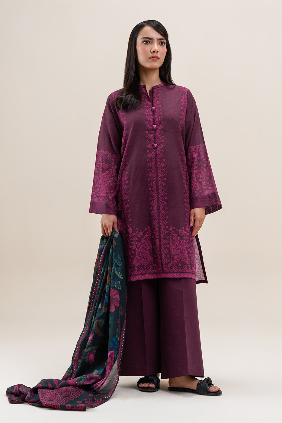 3 PIECE PRINTED LAWN SUIT-MULBERRY BLISS (UNSTITCHED)