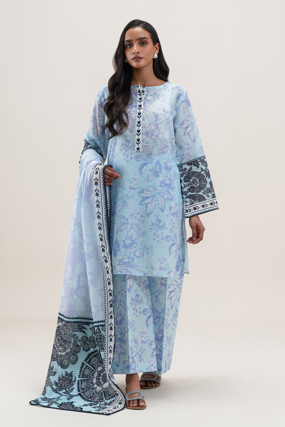 3 PIECE PRINTED LAWN SUIT-AQUATIC ANGEL (UNSTITCHED)