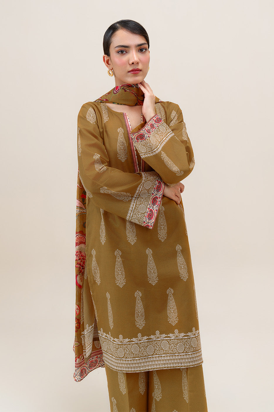 3 PIECE PRINTED LAWN SUIT-MUSTARD ORCHID (UNSTITCHED)