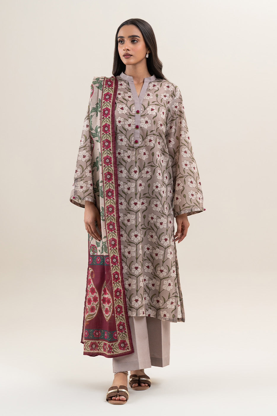 3 PIECE PRINTED LAWN SUIT-FOSSIL FLORA (UNSTITCHED)
