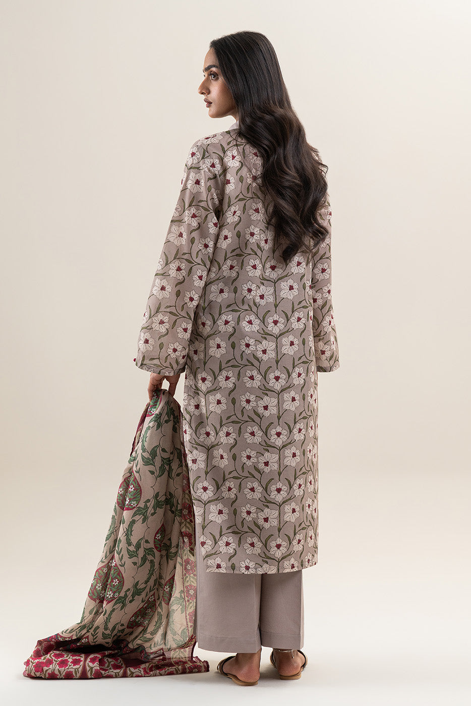 3 PIECE PRINTED LAWN SUIT-FOSSIL FLORA (UNSTITCHED)