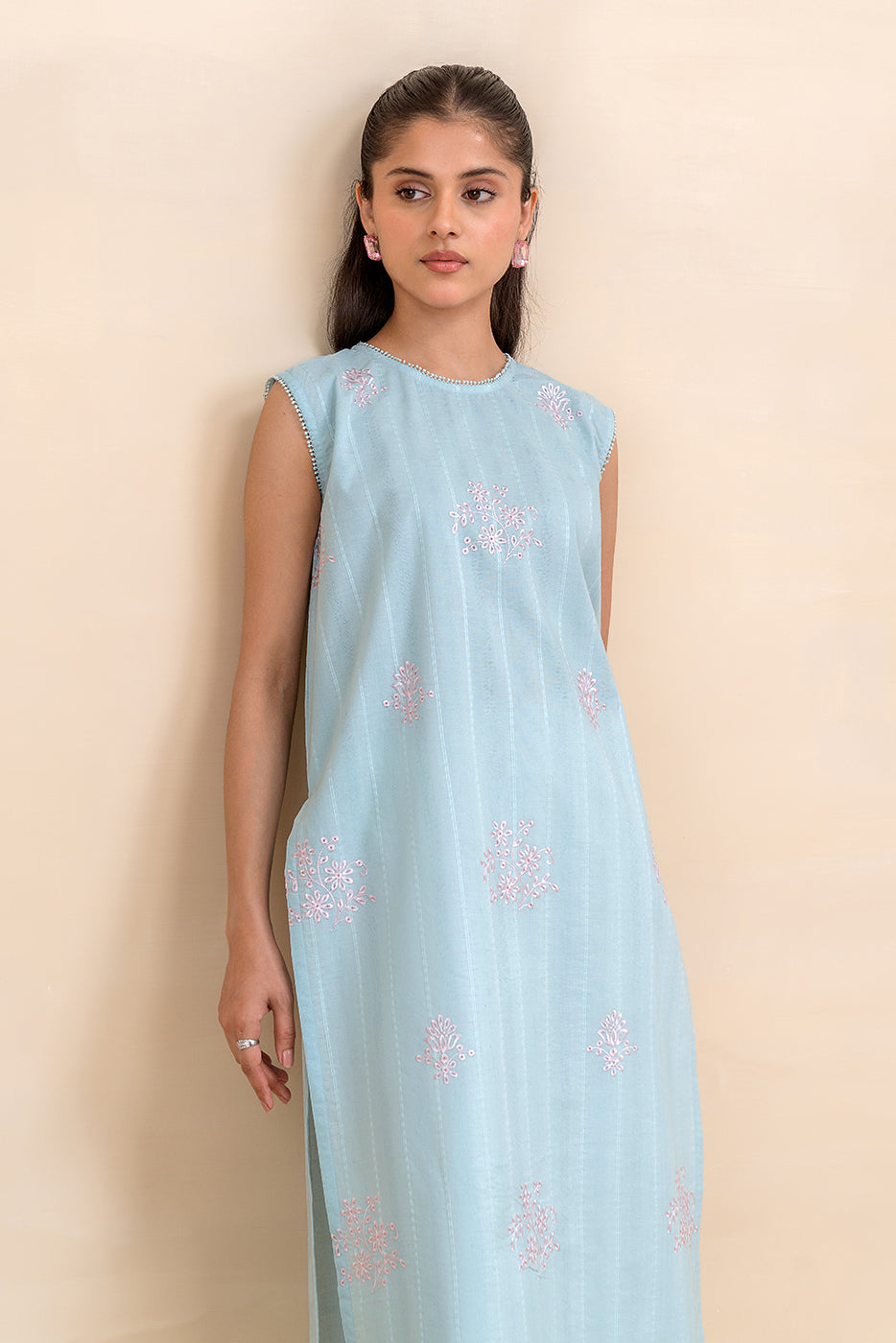 1 PIECE EMBROIDERED LENO KARRA -MILKY AZURE