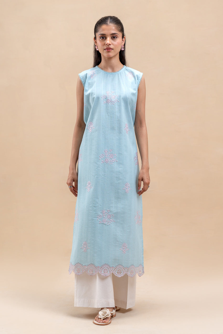 1 PIECE EMBROIDERED LENO KARRA -MILKY AZURE