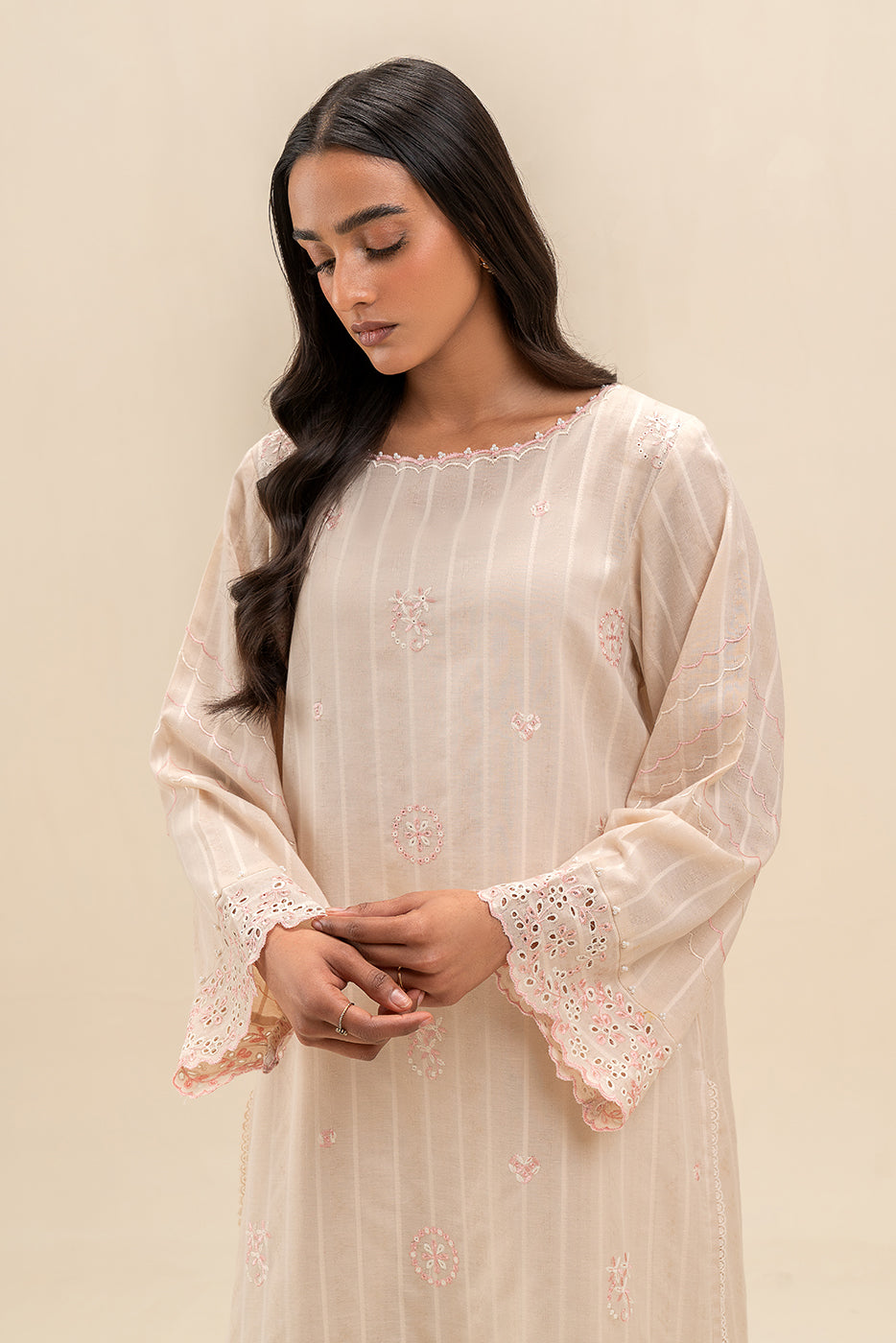 1 PIECE EMBROIDERED LENO KARRA SHIRT-TAN GLINT (UNSTITCHED)
