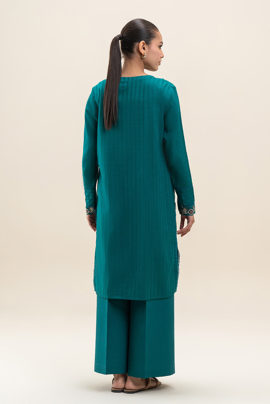 1 PIECE EMBROIDERED LENO SUIT-EMPRESS TEAL (UNSTITCHED)