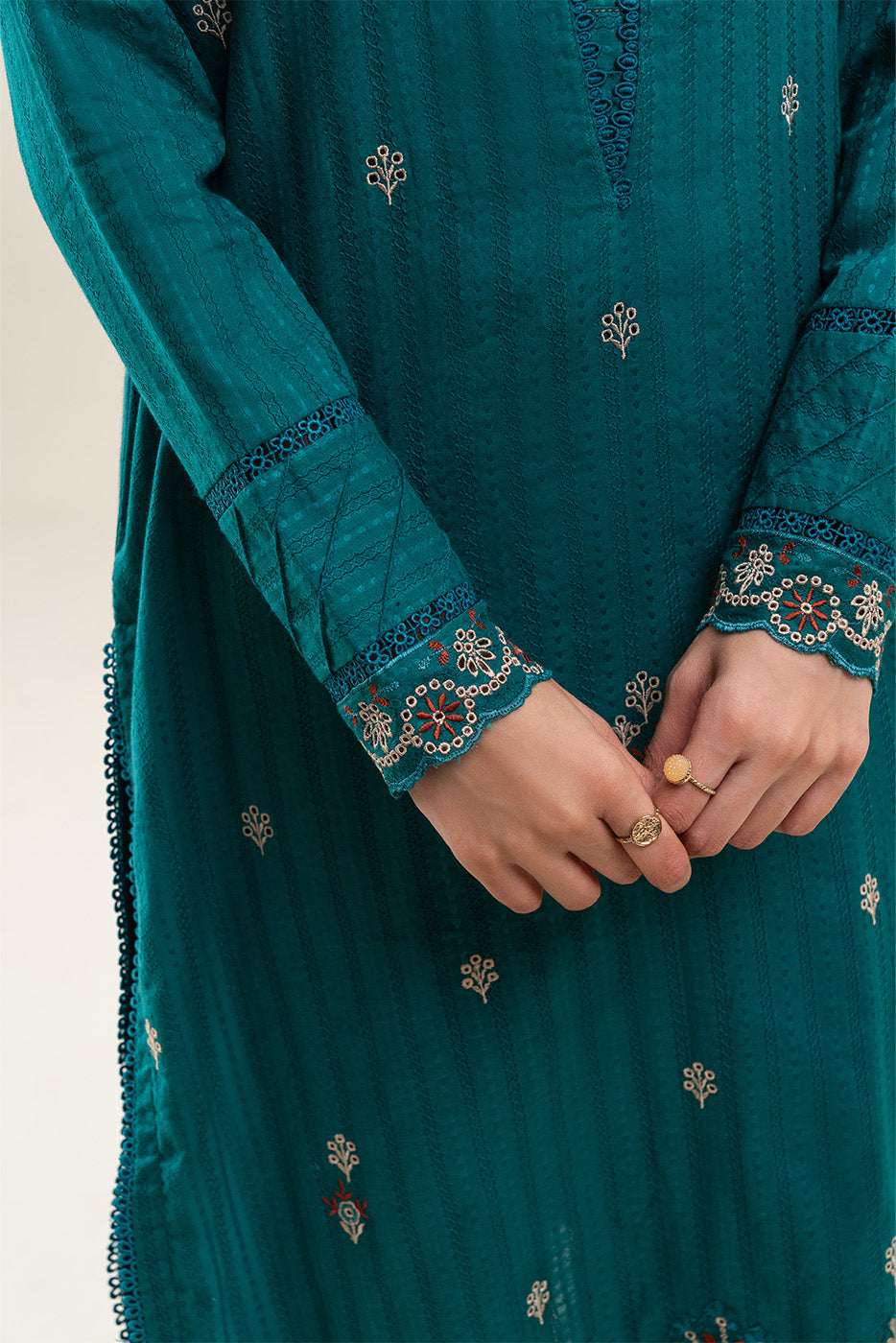 1 PIECE EMBROIDERED LENO SUIT-EMPRESS TEAL (UNSTITCHED)
