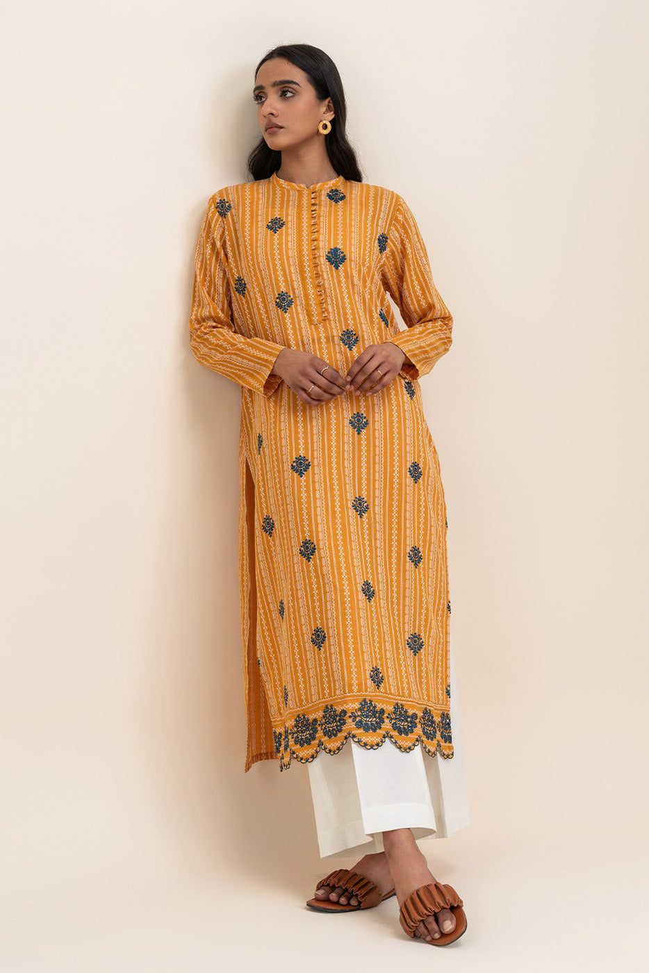 1 PIECE EMBROIDERED LENO KARRA SHIRT-MARIGOLD GRID (UNSTITCHED)