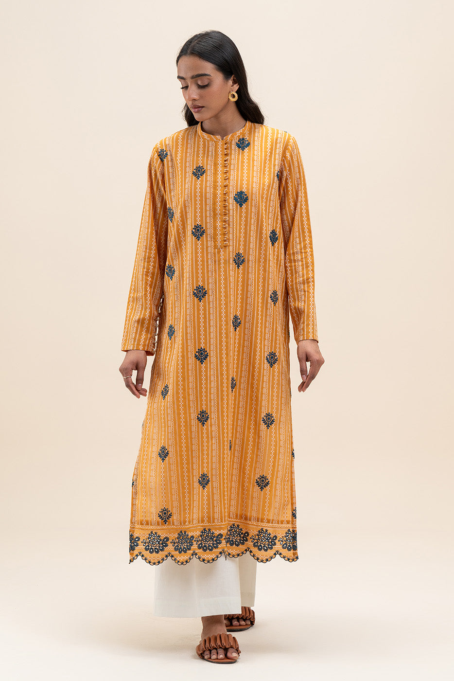 1 PIECE EMBROIDERED LENO KARRA SHIRT-MARIGOLD GRID (UNSTITCHED)