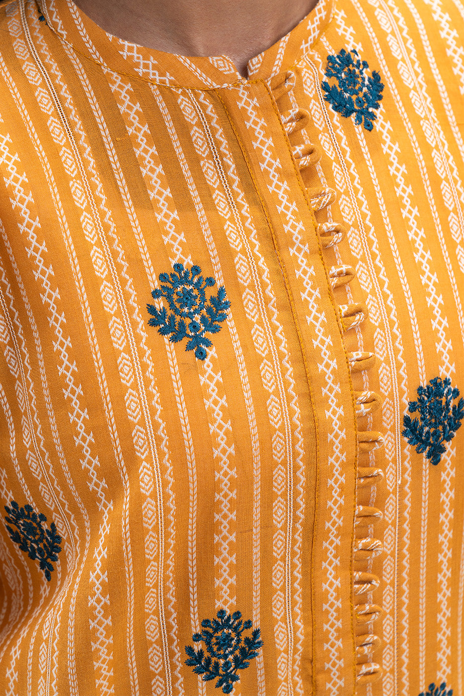 1 PIECE EMBROIDERED LENO KARRA SHIRT-MARIGOLD GRID (UNSTITCHED)