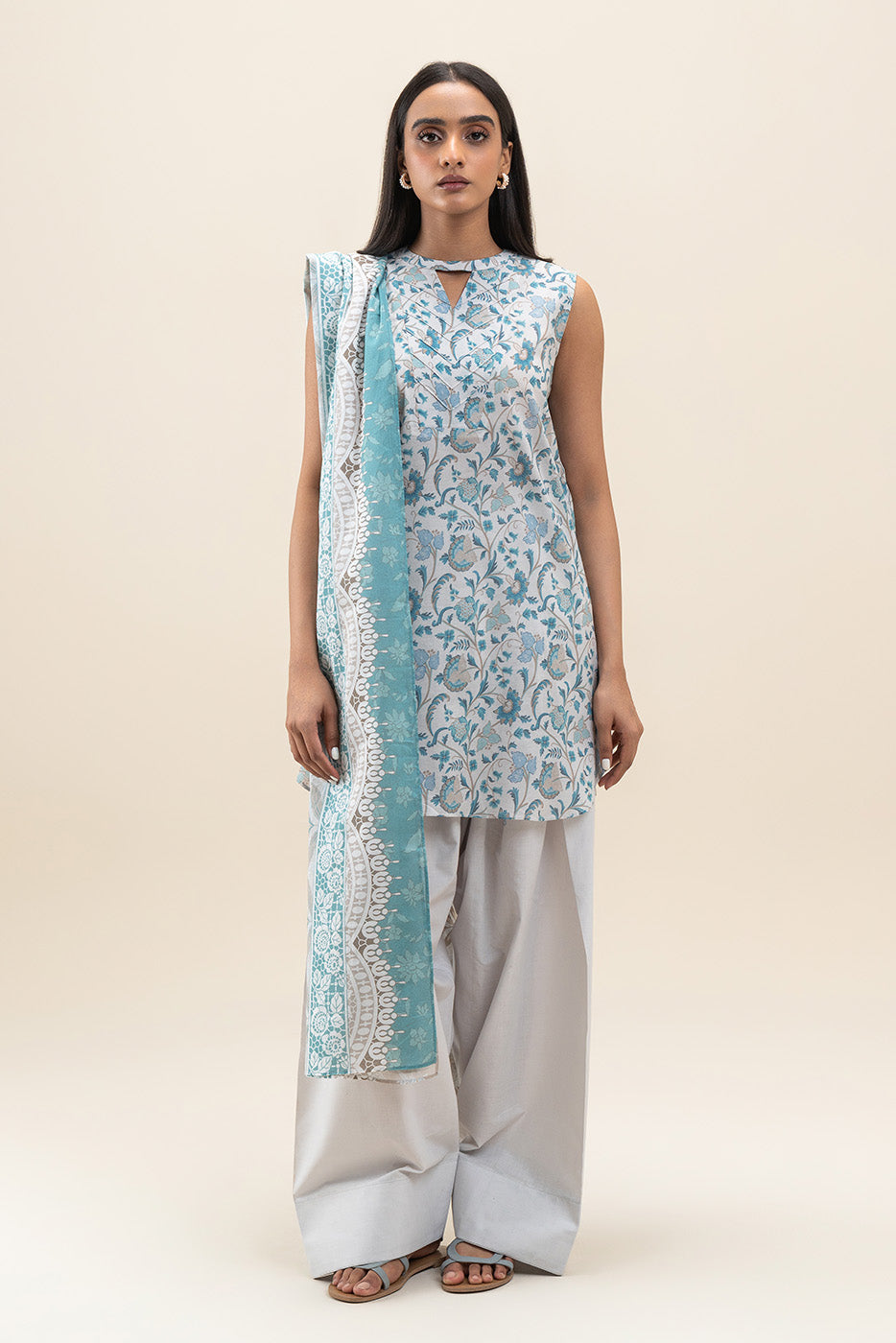 2 PIECE PRINTED LAWN SUIT-AQUATIC BLOOM (UNSTITCHED)