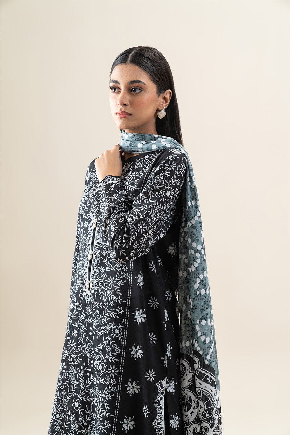 3 PIECE PRINTED LAWN SUIT-PITCH BLISS (UNSTITCHED)