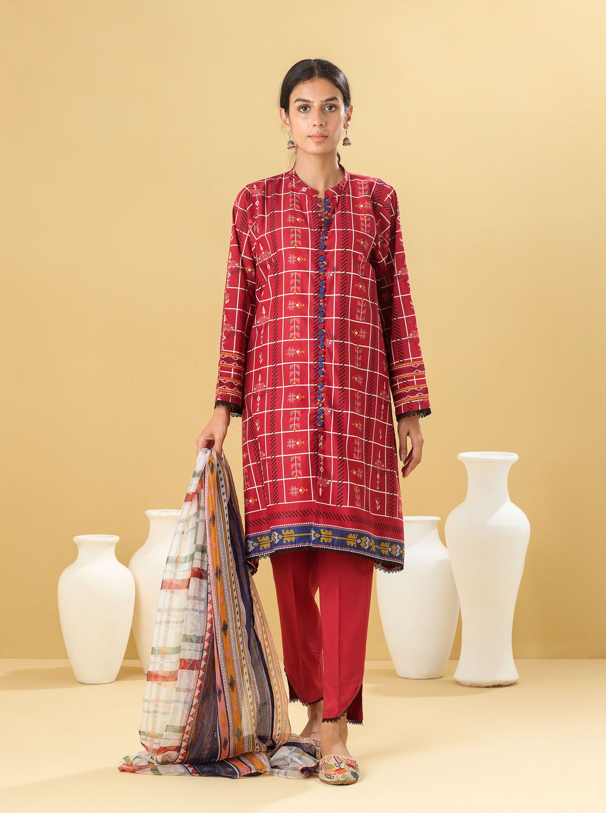 2 PIECE - PRINTED LAWN SUIT - SCARLET GRID MORBAGH SU_22