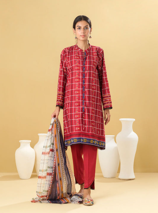 2 PIECE - PRINTED LAWN SUIT - SCARLET GRID MORBAGH SU_22