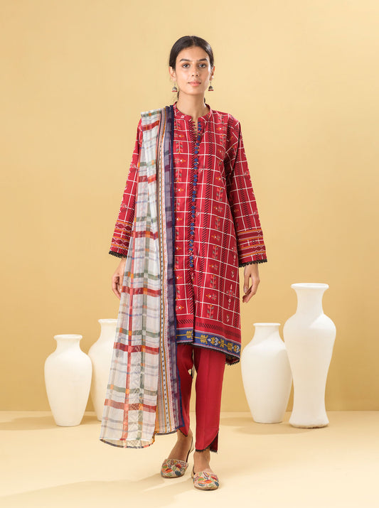 2 PIECE - PRINTED LAWN SUIT - SCARLET GRID MORBAGH SU_22
