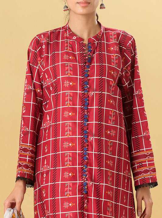 2 PIECE - PRINTED LAWN SUIT - SCARLET GRID MORBAGH SU_22