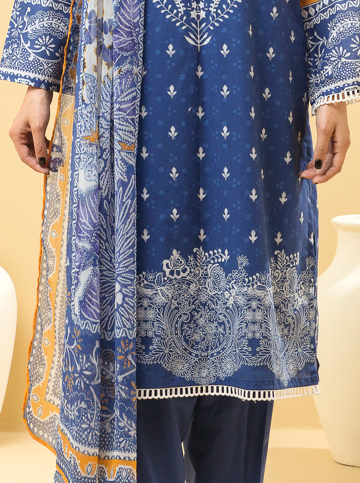 3 PIECE - PRINTED LAWN SUIT - CLASSIC BLUE MORBAGH SU_22