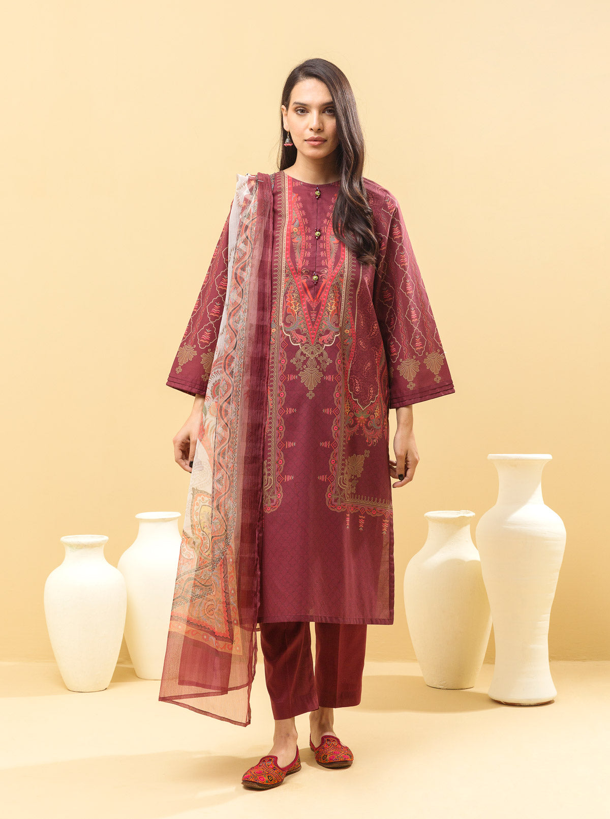 3 PIECE - PRINTED LAWN SUIT - AURORA RED MORBAGH SU_22