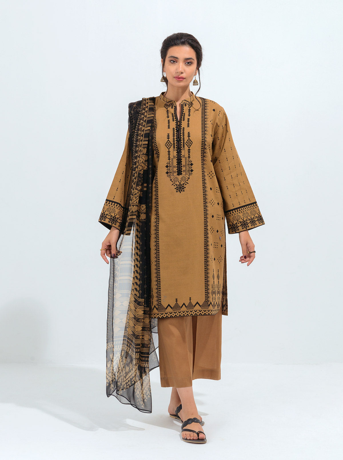 3 PIECE - PRINTED KHADDAR SUIT - ORIENTAL GOLD MORBAGH WN_21
