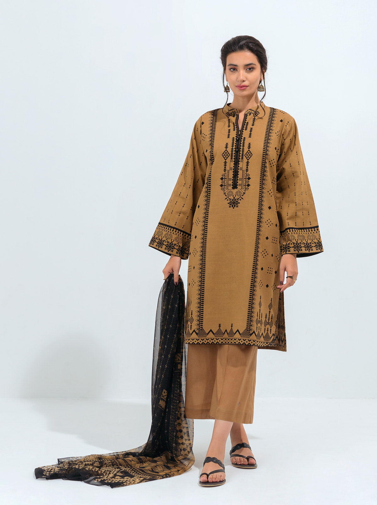 3 PIECE - PRINTED KHADDAR SUIT - ORIENTAL GOLD MORBAGH WN_21