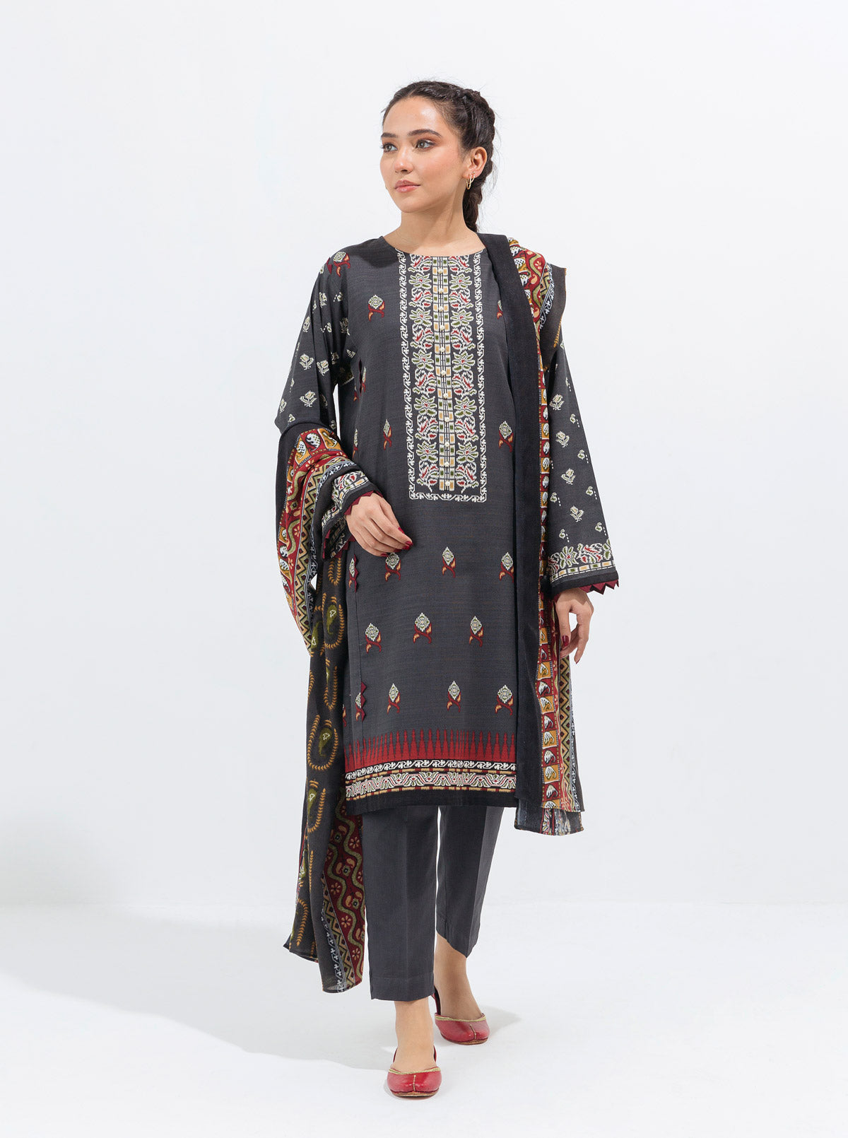 3 PIECE - PRINTED WITH SHAWL KHADDAR SUIT - GLORIOUS GREY MORBAGH WN_21