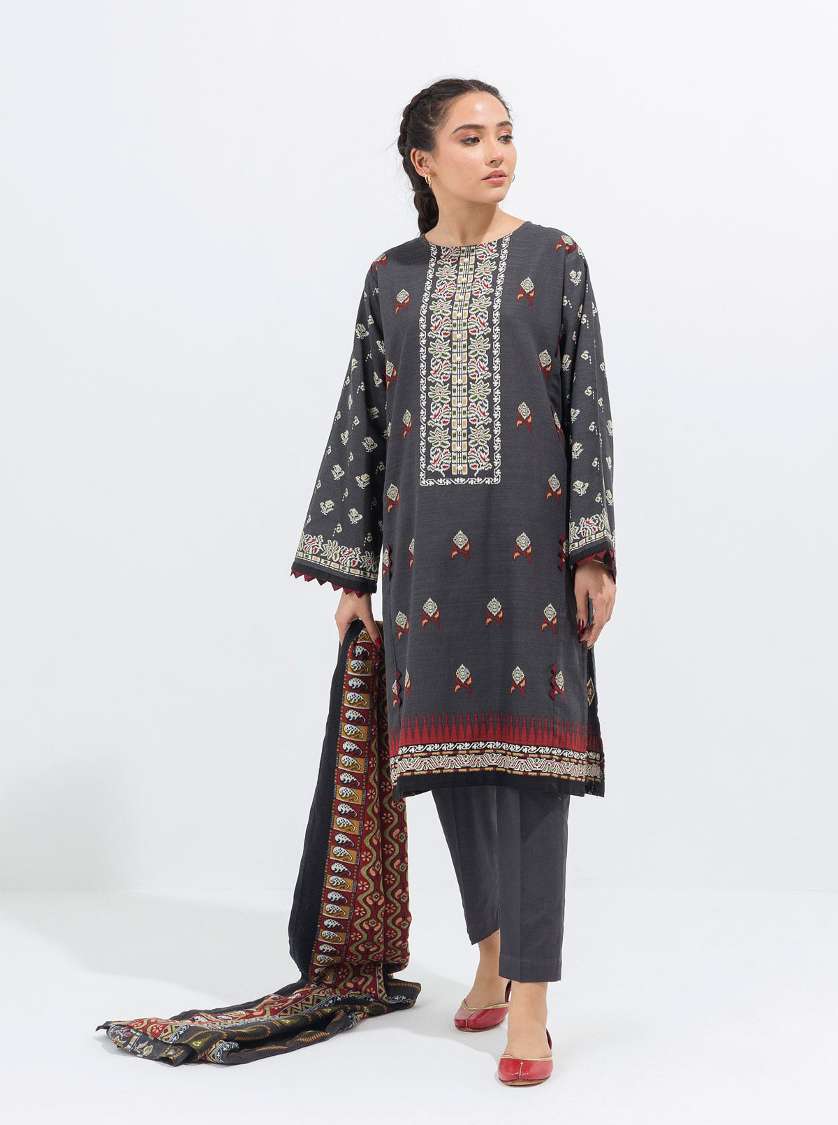 3 PIECE - PRINTED WITH SHAWL KHADDAR SUIT - GLORIOUS GREY MORBAGH WN_21
