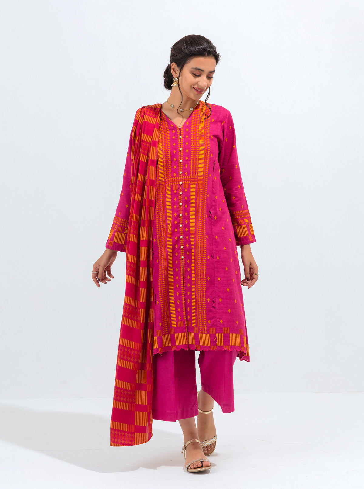 3 PIECE - PRINTED WITH SHAWL KHADDAR SUIT - PERFECT PINK MORBAGH WN_21