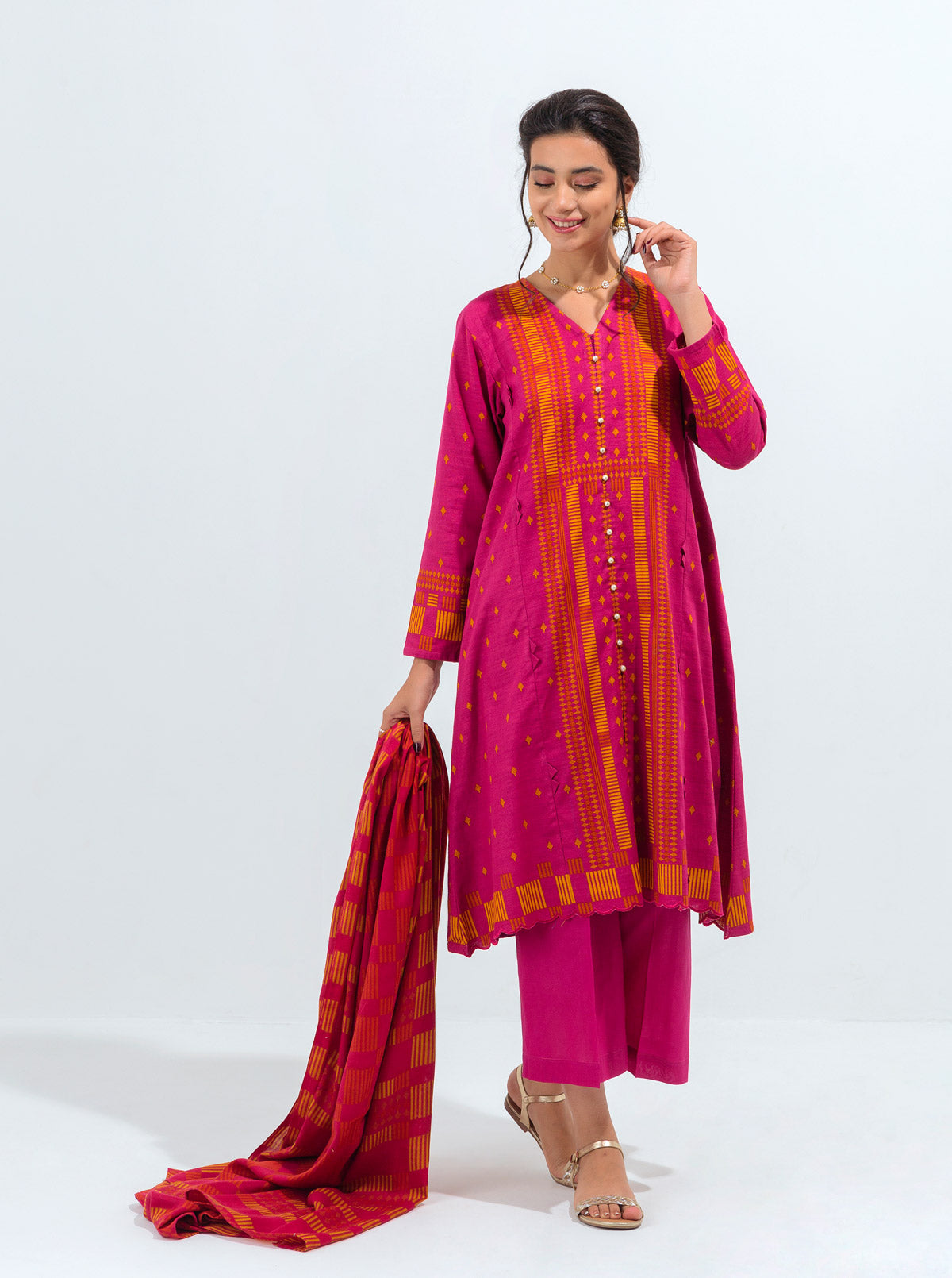 3 PIECE - PRINTED WITH SHAWL KHADDAR SUIT - PERFECT PINK MORBAGH WN_21