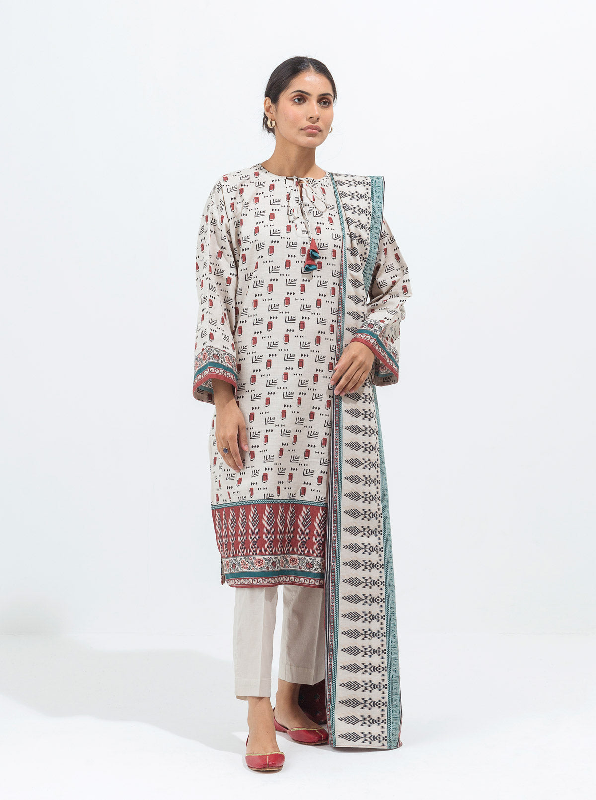 3 PIECE - PRINTED KHADDAR SUIT - IVORY CHALK MORBAGH WN_21