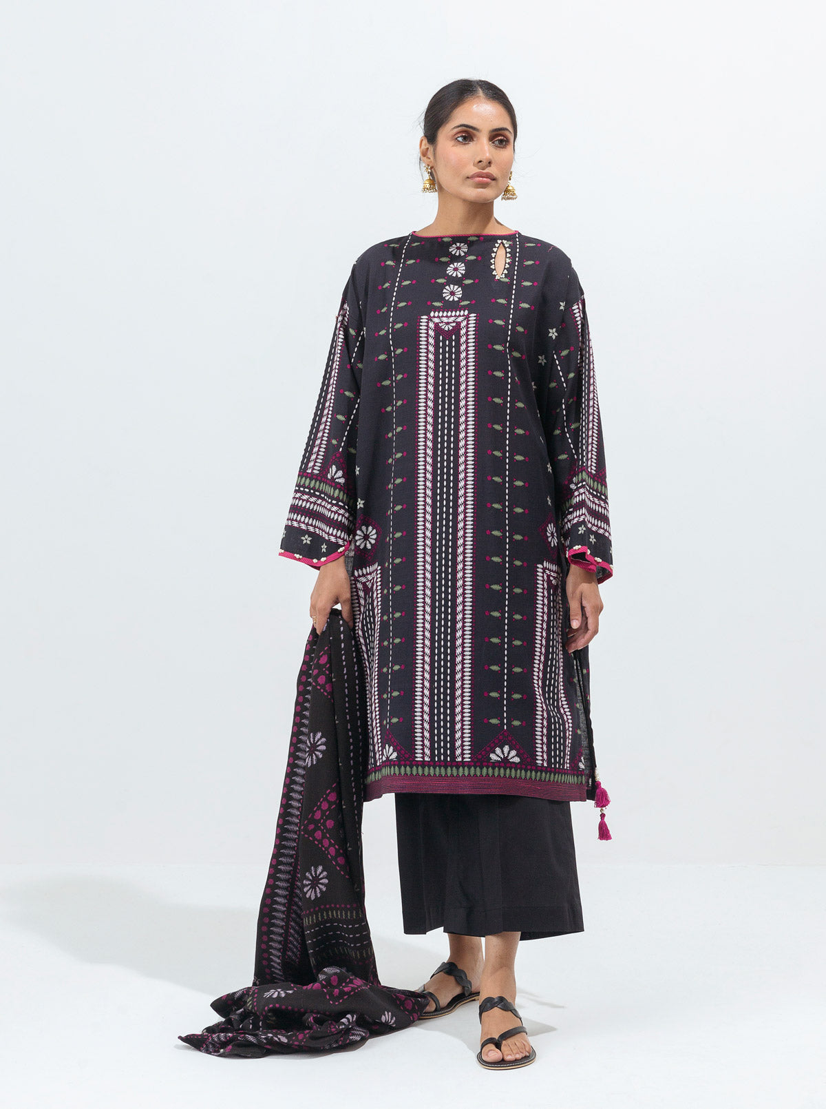 3 PIECE - PRINTED WITH SHAWL KHADDAR SUIT - CLASSIC BLACK MORBAGH WN_21