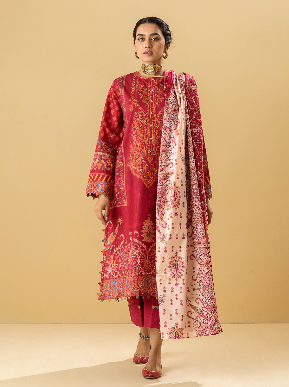 3 PIECE - EMBROIDERED LAWN SUIT - ORIENTAL RED MORBAGH SU_22