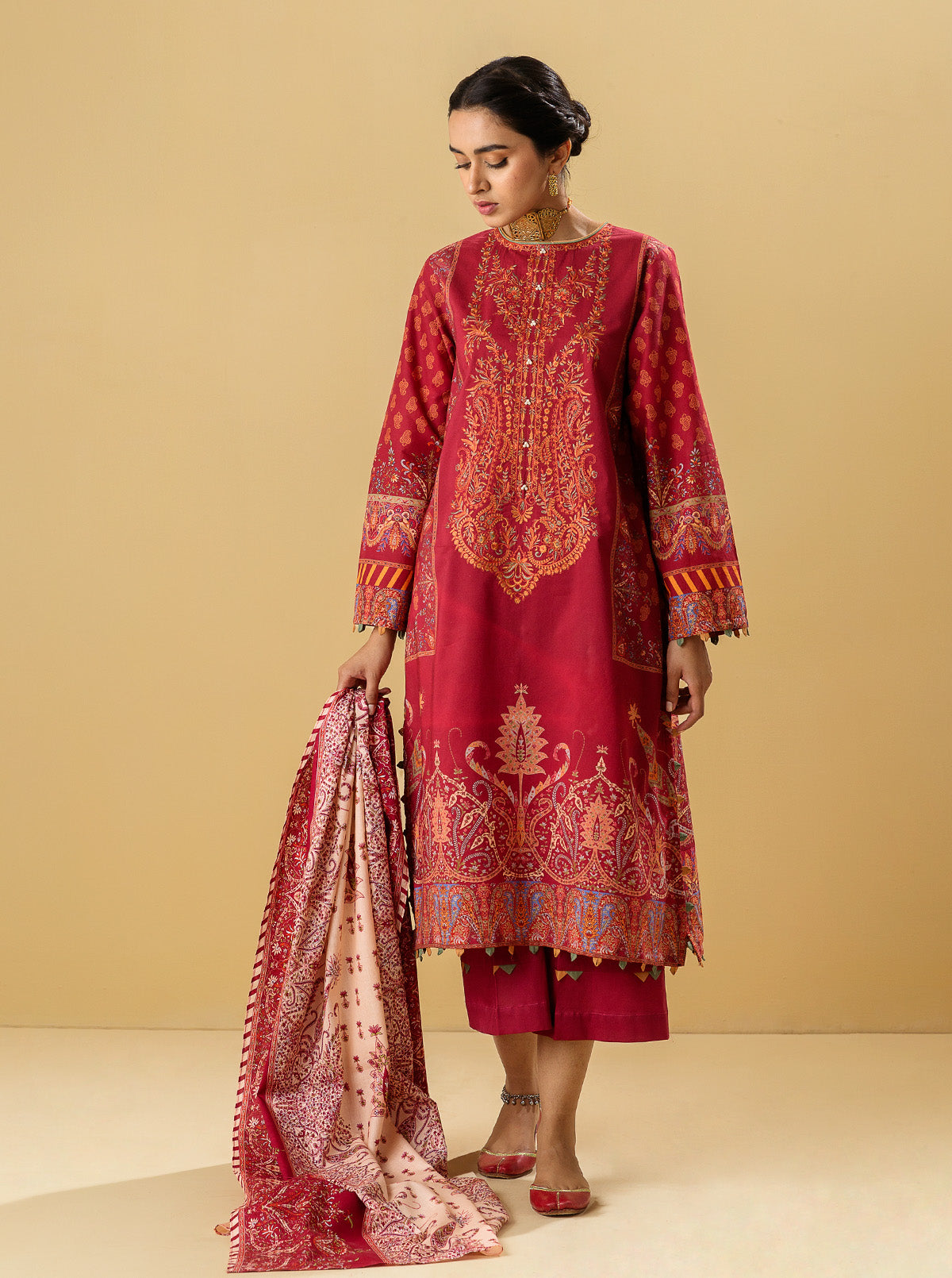 3 PIECE - EMBROIDERED LAWN SUIT - ORIENTAL RED MORBAGH SU_22