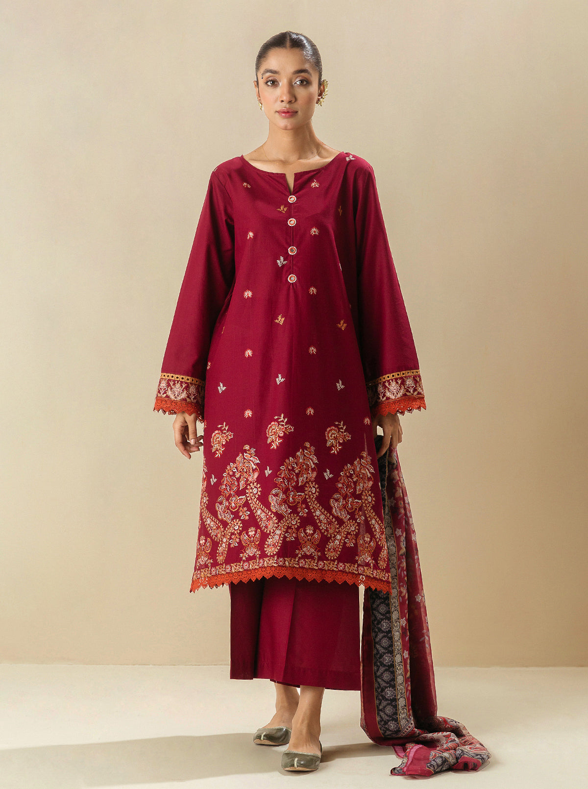 3 PIECE - EMBROIDERED LAWN SUIT - RED DAHLIA MORBAGH SU_23