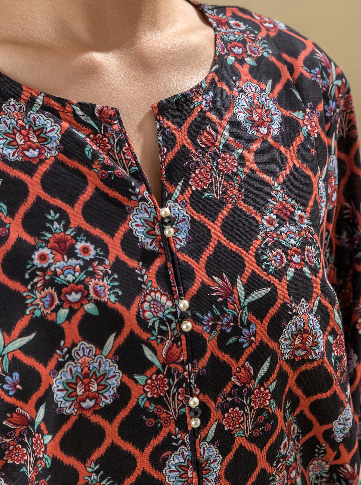 2 PIECE - PRINTED KHADDAR SUIT WITH HERRINGBONE SHAWL - EBONY SUNRISE MORBAGH WN_23