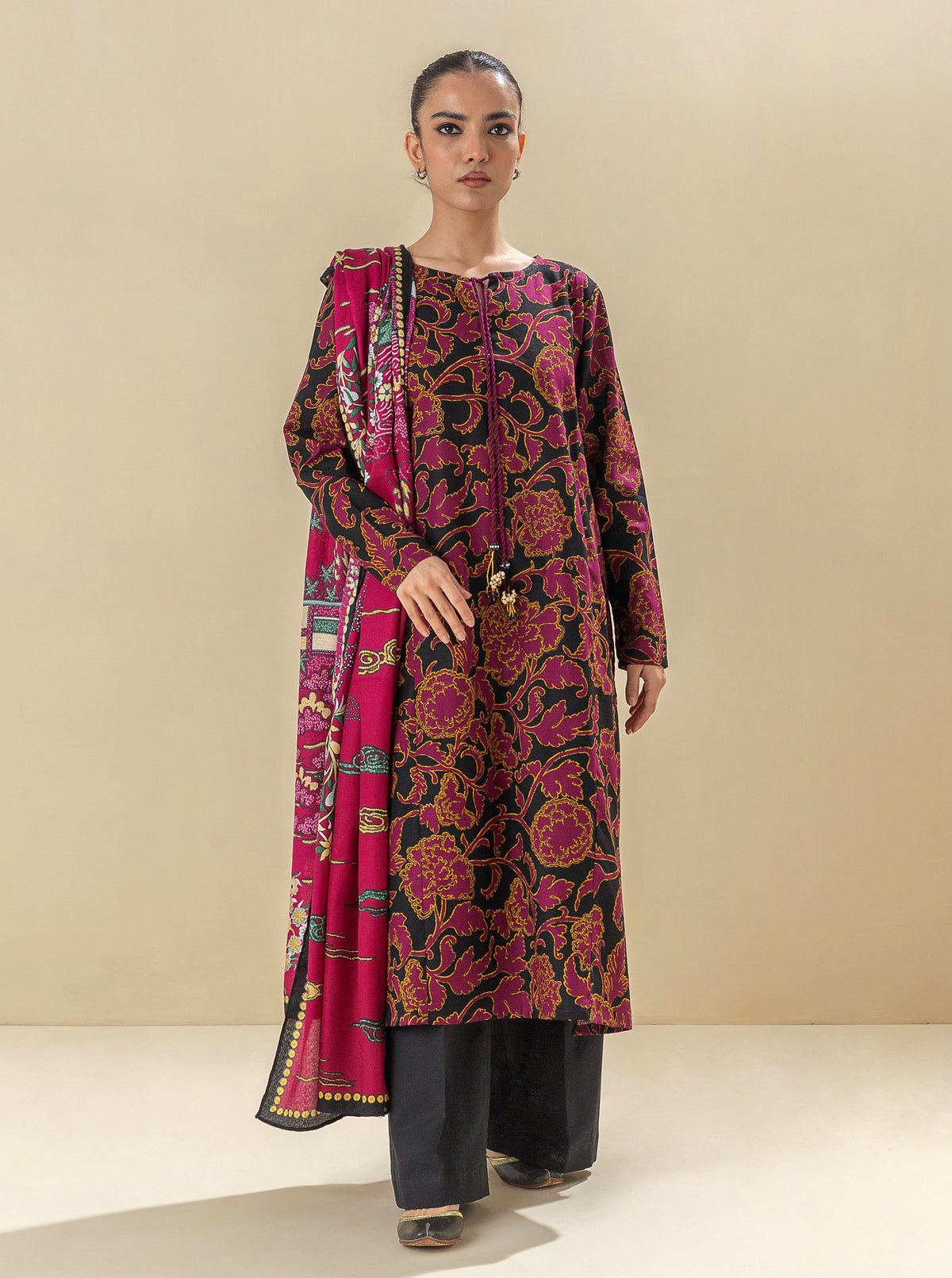 2 PIECE - PRINTED KHADDAR SUIT WITH HERRINGBONE SHAWL - MAGICIANS BEAM MORBAGH WN_23
