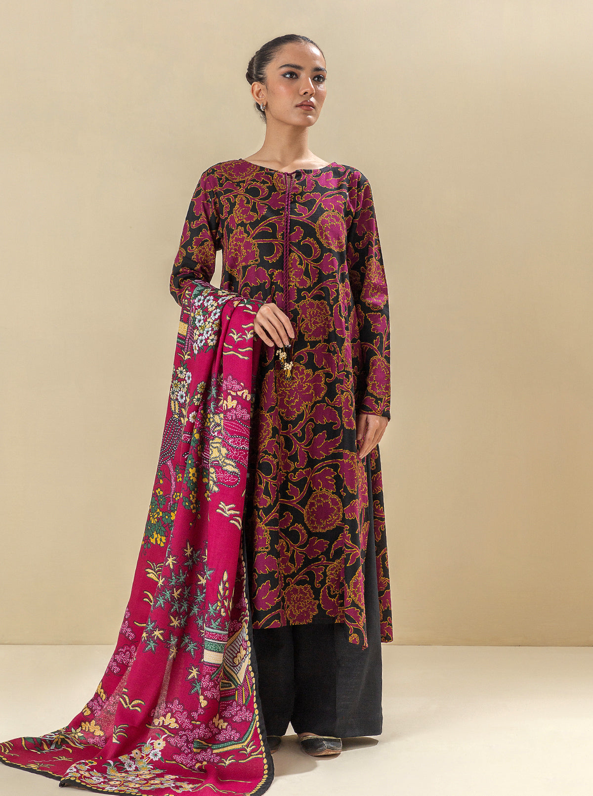 2 PIECE - PRINTED KHADDAR SUIT WITH HERRINGBONE SHAWL - MAGICIANS BEAM MORBAGH WN_23