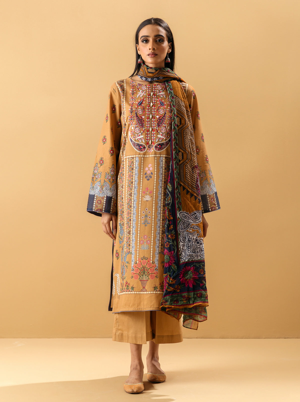 3 PIECE - EMBROIDERED LAWN SUIT - APRICOT TAN MORBAGH SU_22