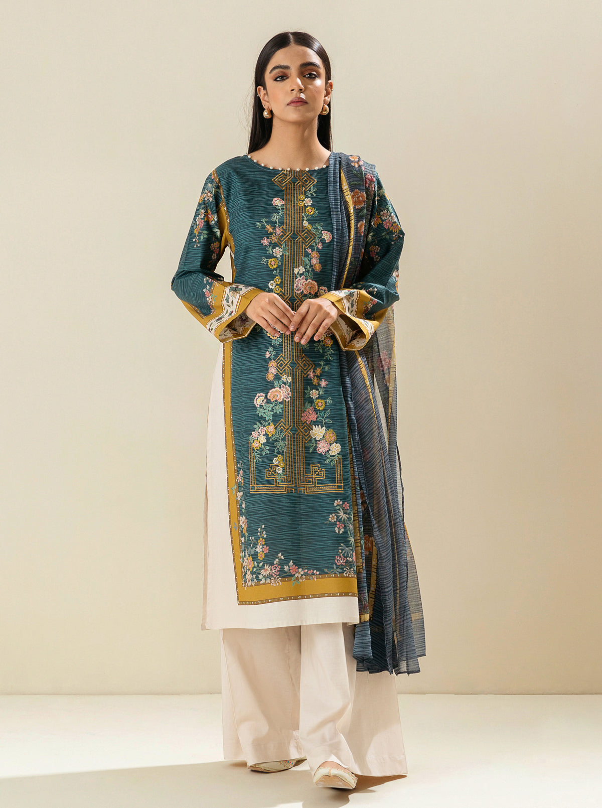 3 PIECE - EMBROIDERED LAWN SUIT - ORIENTAL BLUE MORBAGH SU_23