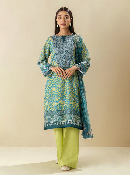 3 PIECE - PRINTED LAWN SUIT - LIME GARDEN MORBAGH SU_23