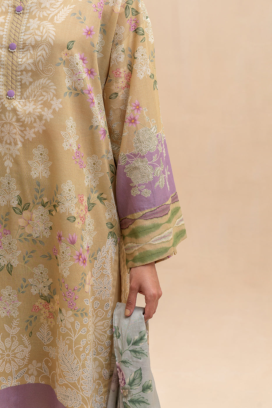 3 PIECE PRINTED LAWN SUIT-LIME GARDEN (UNSTITCHED)