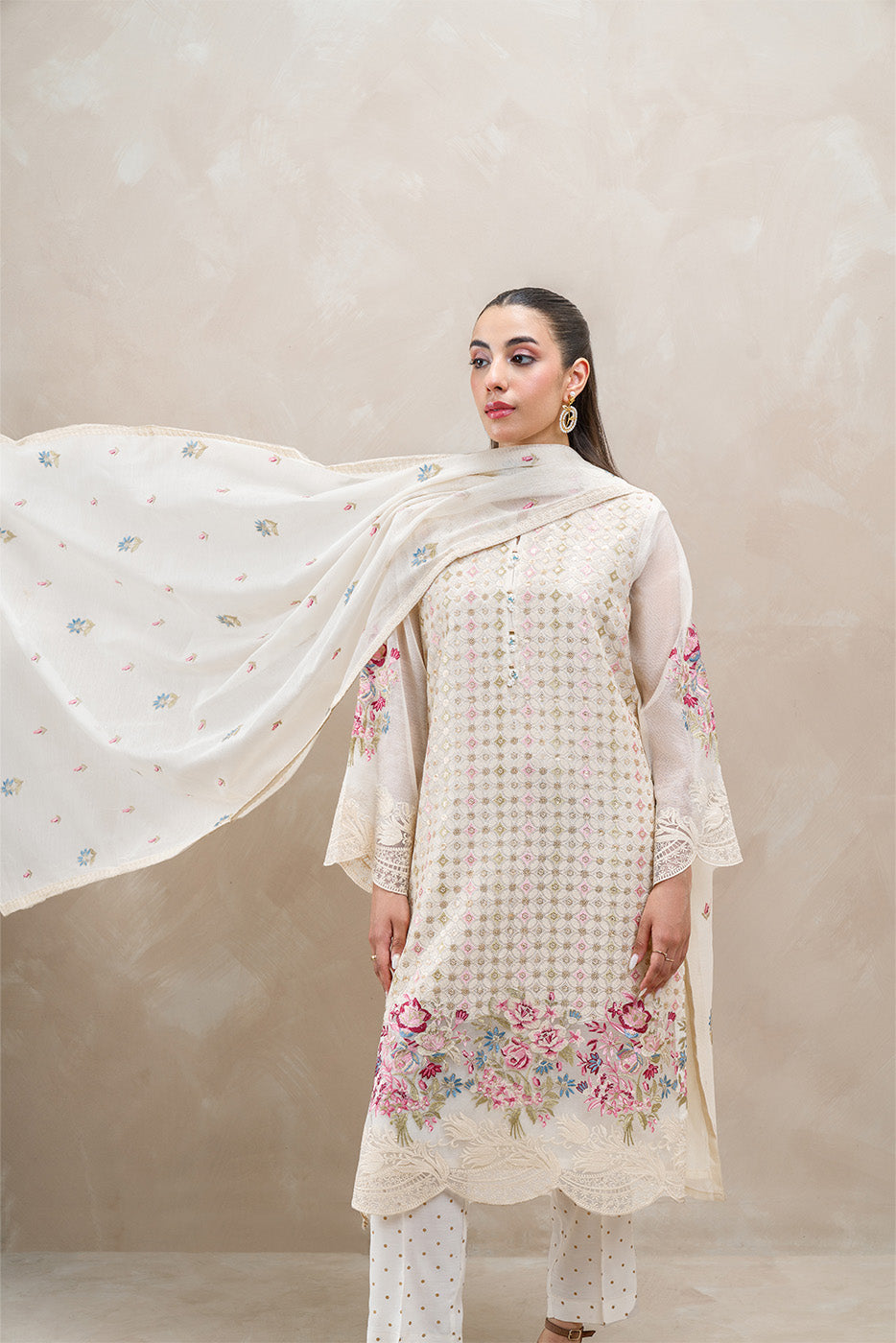 3 PIECE EMBROIDERED COTTON NET SUIT (LUXURY-PRET)