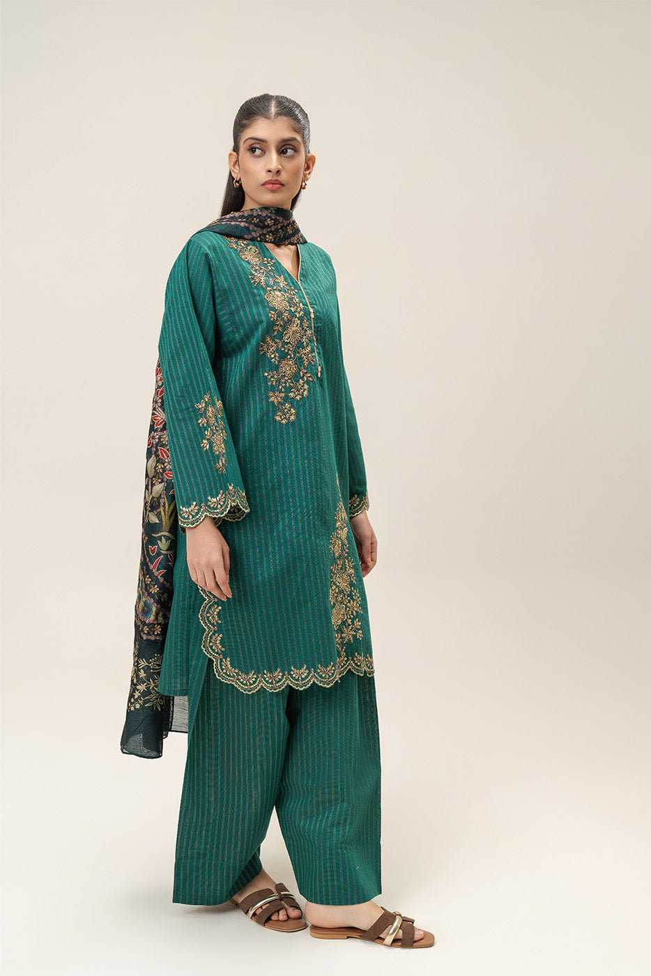 3 PIECE EMBROIDERED TWO TONE WITH BADLA STRIPES SUIT (PRET)