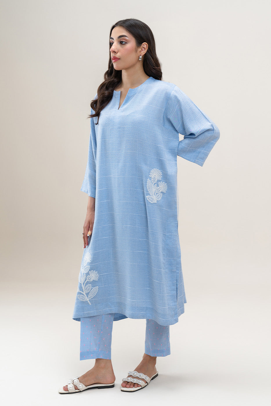 2 PIECE EMBROIDERED CHAMBRAY SUIT (PRET)