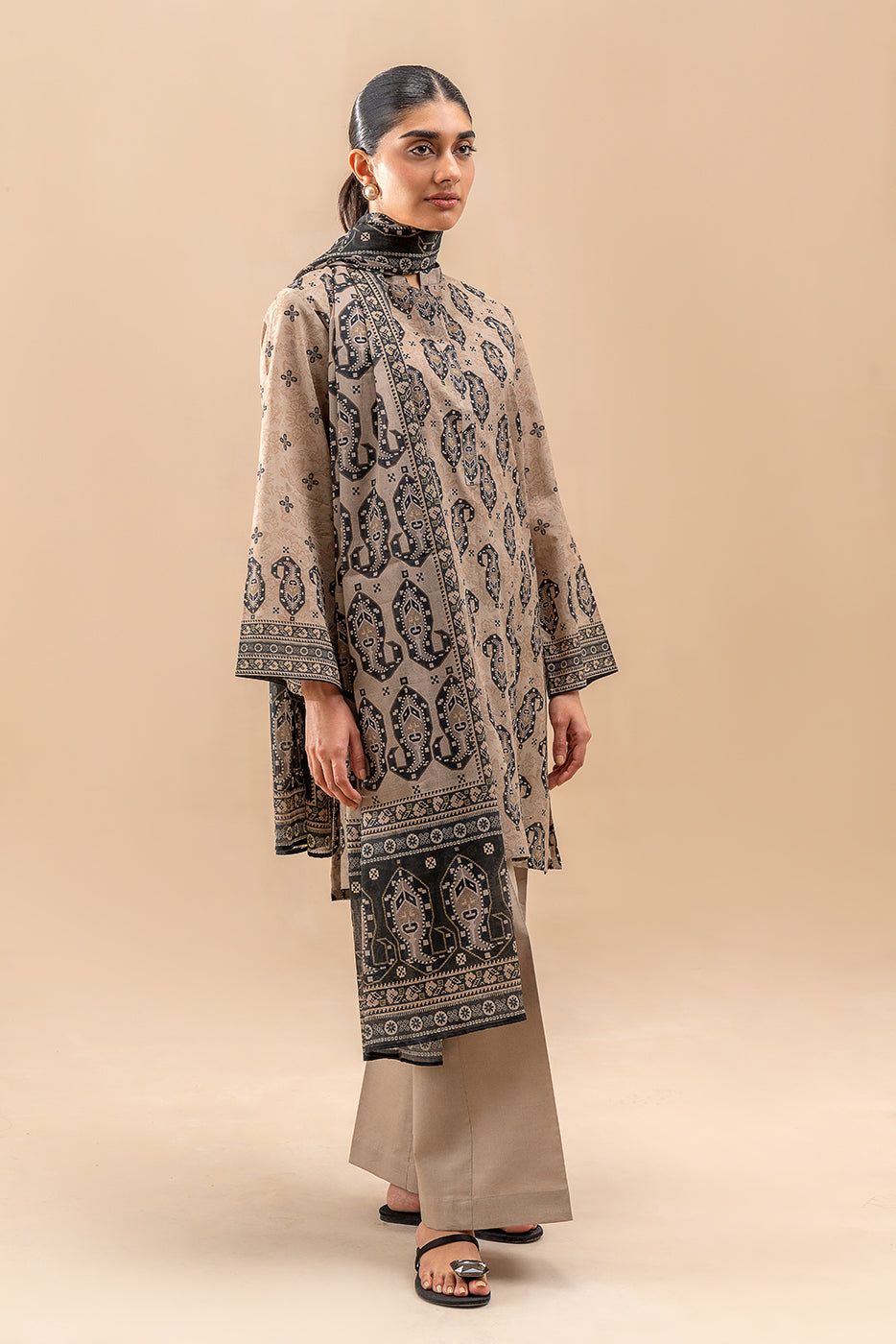 3 PIECE PRINTED LAWN SUIT-BEIGE VERVE (UNSTITCHED)