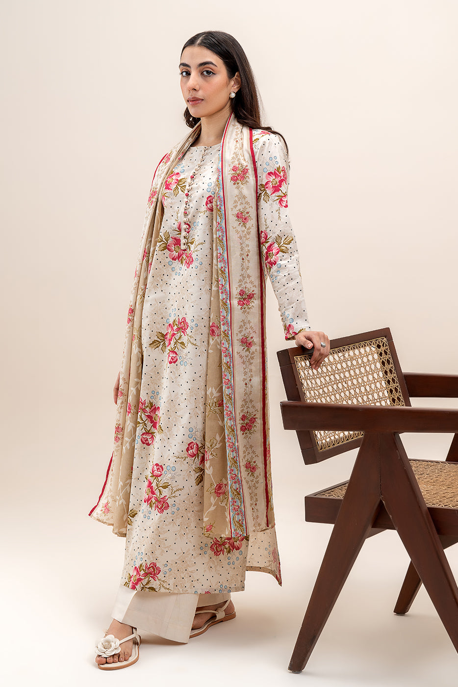 3 PIECE PRINTED LAWN SUIT-BEIGE ORCHID (UNSTITCHED)